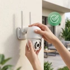 Ръце, които лесно монтират безжична WiFi камера FipTec на външна стена, илюстрирайки бързата DIY инсталация. Осигурете си надеждна защита и пълно спокойствие с лесен контрол над дома.