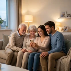 Щастливо семейство с баба и дядо на диван в уютен хол наблюдават картина от безжична wifi камера FipTec през смартфон, осигурявайки си споделено спокойствие и лесен контрол за дома.