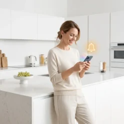 Усмихната жена в модерна бяла кухня проверява смарт известие от своята wifi камера FipTec на мобилен телефон, осигурявайки надеждна защита и дискретна сигурност за своя дом и семейство.