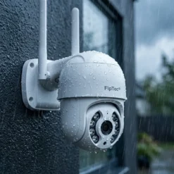 Водоустойчива безжична WiFi камера FipTec, монтирана на външна стена по време на силен дъжд. Здравият корпус гарантира надеждна охрана и пълно спокойствие за имота ви при всякакви метеорологични условия.