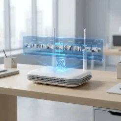 Бяло NVR устройство FipTec на бюро, показващо графичен интерфейс за преглед на архивни видеозаписи по седмици. Гарантирайте си надеждна защита на дома и пълно спокойствие с лесен контрол.