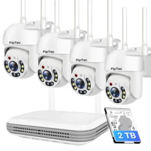 Пълен комплект за видеонаблюдение FipTec Vision 4 с четири двубандови WiFi камери, NVR устройство и 2TB диск. Надеждна защита и пълно спокойствие за вашия дом с лесен контрол.