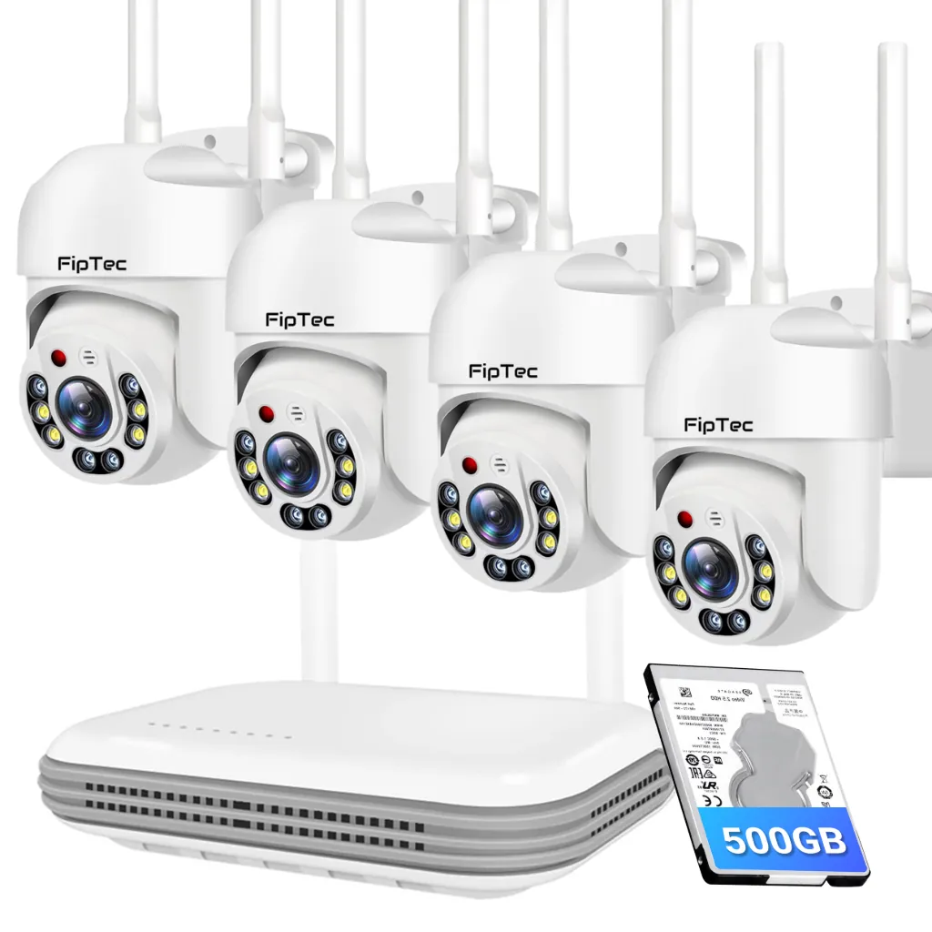 Kit complet de supraveghere video FipTec Vision 4, cu patru camere WiFi dual-band, NVR și disc de 500GB. Protecție de încredere și liniște deplină pentru casa dumneavoastră, cu control ușor.