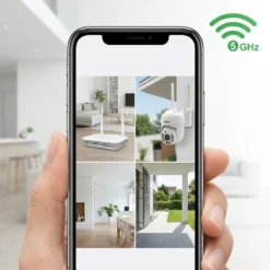 Смартфон показва четири изгледа от система за видеонаблюдение FipTec Vision 4 през бърза 5GHz WiFi връзка за вътрешна и външна охрана. Осигурете си надеждна защита и пълно спокойствие с лесен контрол.