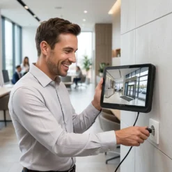 Усмихнат мъж лесно инсталира 10.1-инчовия тъч екран на 8-каналната WiFi NVR система FipTec X-View в офис. Насладете се на сигурност без сложни системи и пълен контрол.