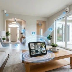 8-канална безжична NVR система FipTec X-View с тъч екран, показваща връзката с охранителни камери в модерен хол. Дискретна сигурност и лесен контрол за вашето пълно спокойствие у дома.