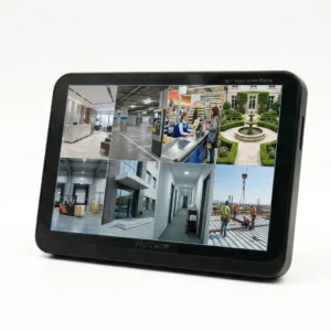 8-канална WiFi NVR система FipTec X-View с 10.1-инчов тъч екран, показваща различни камери на бял фон. Професионално видеонаблюдение за пълна сигурност и лесен контрол над вашето имущество.