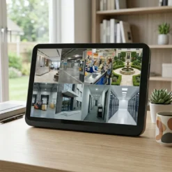 Снимка на FipTec показваща 10.1-инчовия тъч екран на 8-каналната WiFi NVR система X-View върху бюро в модерен офис с изглед към градина. Екранът предава 8 охранителни камери, гарантирайки дискретна сигурност и спокойствие.