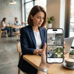 Жена в офиса, наблюдаваща дистанционно охранителните камери през мобилно приложение на 8-канална WiFi NVR система FipTec X-View. Пълна защита на собствеността и лесен контрол за вашето ежедневно спокойствие.