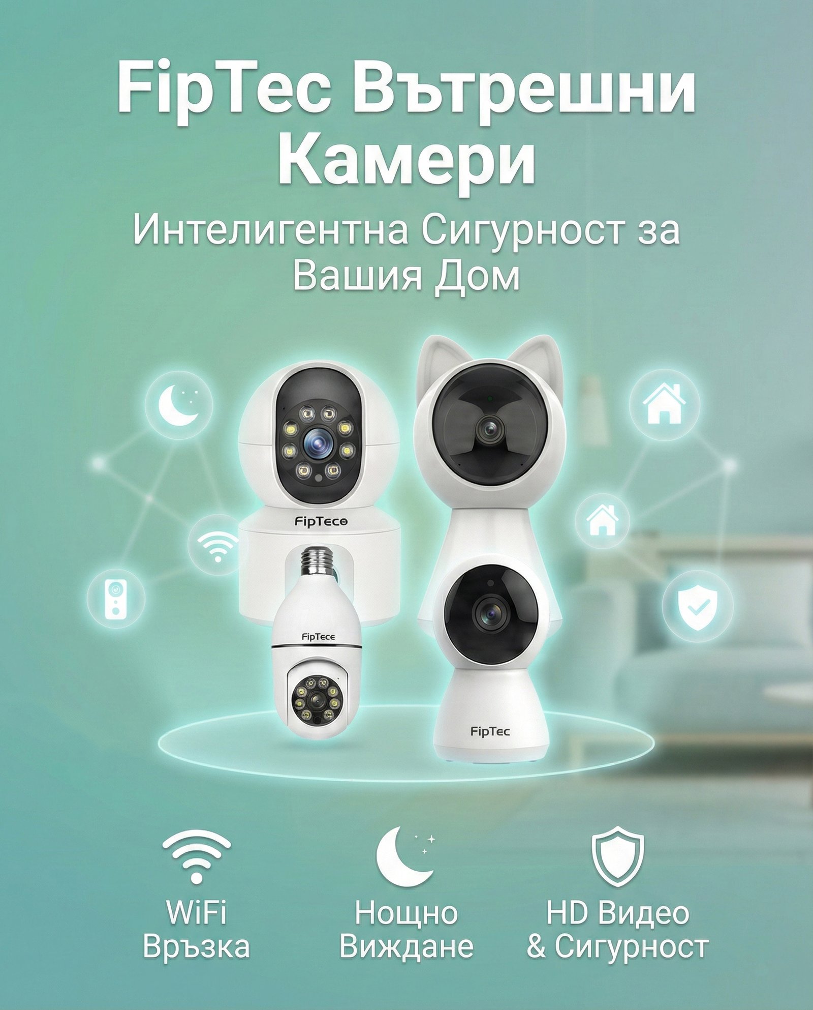 Банер за категория FipTec Вътрешни Камери с текст 'Интелигентна Сигурност за Вашия Дом'. Показани са три модела бели смарт камери (включително модел с котешки уши) и икони за WiFi връзка, нощно виждане и HD видео сигурност