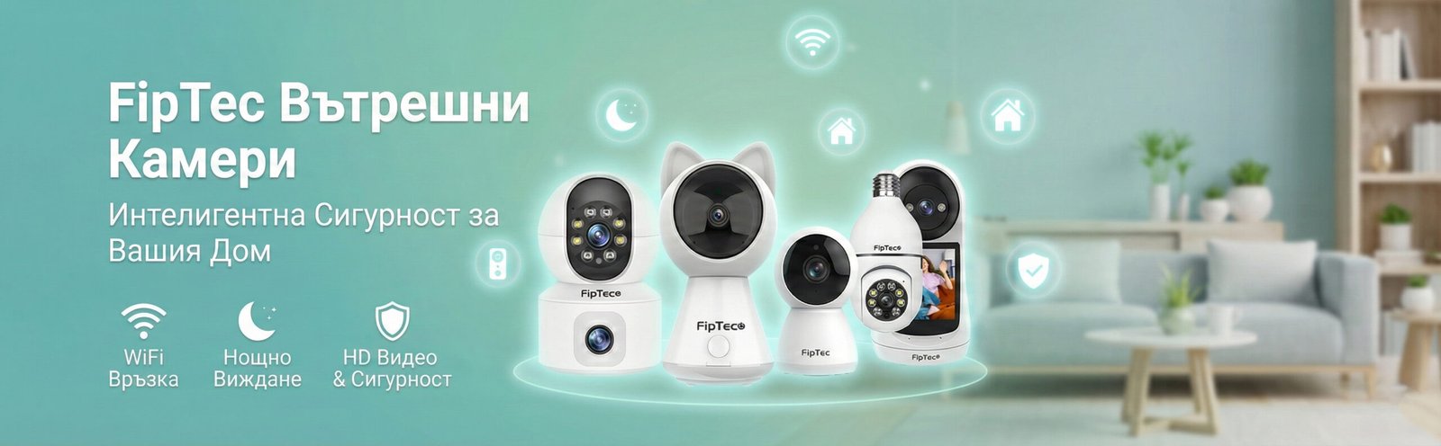 Банер за категория FipTec Вътрешни Камери с текст 'Интелигентна Сигурност за Вашия Дом'. Показани са три модела бели смарт камери (включително модел с котешки уши) и икони за WiFi връзка, нощно виждане и HD видео сигурност
