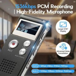 Close-up view of FipTec VRS highlighting professional audio features: 1536kbps PCM Recording capability, High-Fidelity Microphone, Advanced Noise Cancellation, larger 0.96 inch display, and multiple WAV bitrate options suitable for meetings.
