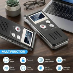 FipTec VRS Multifunction Digital Voice Recorder on an office desk showing 8 key features: Password protection, Variable Speed Playback, Timed Recording, A-B Repeat, MP3 player, Segmented Recording, and Line-in Microphones.