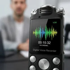 Близък план на професионален цифров диктофон FipTec VRS-Pro с активирана функция за гласова активация по време на интервю. Устройството гарантира надеждна защита на важната информация и лесен контрол за вашето спокойствие.