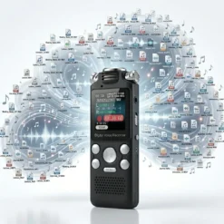 Професионален цифров диктофон FipTec VRS-Pro, заобиколен от множество икони на аудио файлове и звукови вълни, демонстриращ голям капацитет за съхранение и сигурна защита на вашата важна информация.