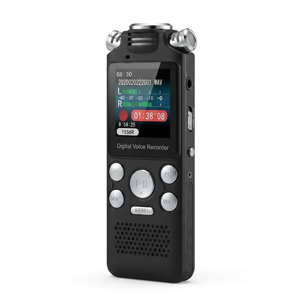 Професионален цифров диктофон FipTec VRS-Pro с LCD дисплей и 16GB памет на бял фон. Компактно устройство за сигурни записи и лесен контрол, носещо пълно спокойствие във вашето ежедневие.