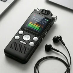 Професионален цифров диктофон FipTec VRS-Pro със слушалки, показващ активен запис на цветния си екран. Устройството осигурява надеждно съхранение на информация и дискретна защита за вашето пълно спокойствие.