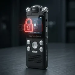 Професионален цифров диктофон FipTec VRS-Pro с активиран защитен режим, визуализиран с червен катинар. Устройството предлага висока степен на сигурност и дискретна защита на вашите записи за пълно спокойствие.