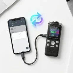 Професионален цифров диктофон FipTec VRS-Pro, свързан директно към смартфон чрез кабел за бърз пренос на аудио файлове. Модерно решение, осигуряващо лесен контрол и дискретна защита за вашето пълно спокойствие.