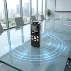 Професионален цифров диктофон FipTec VRS-Pro, поставен върху стъклена маса в модерна конферентна зала. Визуализираните звукови вълни подчертават прецизния запис и интелигентната защита за вашето пълно спокойствие и сигурност.