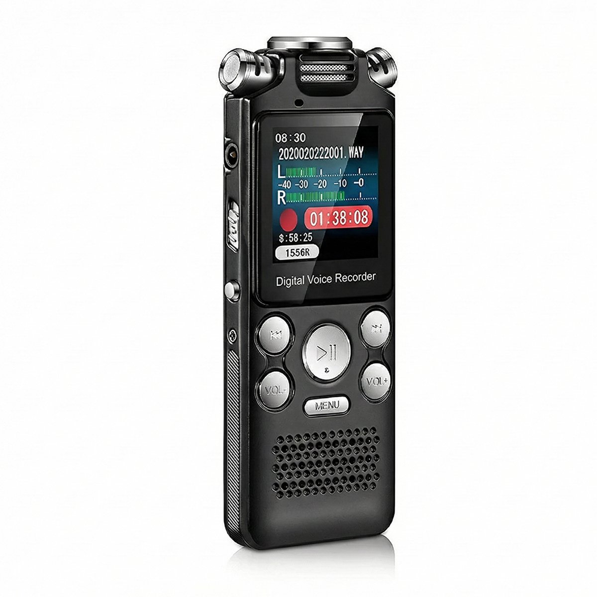 FipTec VRS-Pro Professional Digital Voice Recorder with 16GB storage, voice activation, and 360° HD noise reduction - front view showing display