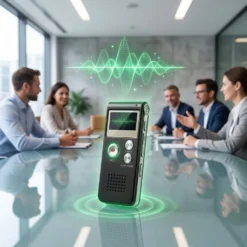 Цифров диктофон FipTec VRS, поставен на стъклена маса по време на бизнес среща, визуализиращ зелени звукови вълни. Дискретна защита за вашите разговори, предлагаща професионална сигурност и пълно спокойствие.