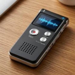 Цифров диктофон FipTec VRS, поставен върху дървена маса, показващ синя звукова вълна на своя дисплей. Стилна и дискретна защита за вашите важни записи, осигуряваща пълно спокойствие и лесен контрол.