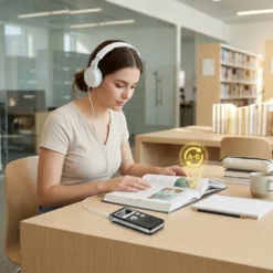 Студентка в библиотека учи с учебник и слушалки, свързани към цифров диктофон FipTec VRS, използващ функция за повторение. Дискретна сигурност за вашите знания и пълно спокойствие с лесен контрол.