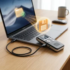 Цифров диктофон FipTec VRS, свързан с лаптоп за прехвърляне на данни върху дървено бюро. Дискретна защита и лесно управление на вашите записи за пълна сигурност и спокойствие във всяка ситуация.