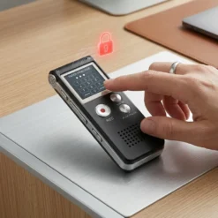 Ръка въвежда парола на цифровия диктофон FipTec VRS за максимална сигурност на записите. Устройството предлага дискретна защита на личните данни и важните разговори за вашето пълно спокойствие.