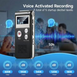 FipTec VRS Voice Activated Recording feature with 5 adjustable startup decibel levels (60DB to 51DB) to customize sensitivity. Shows long-lasting 50h recording capability suitable for meetings and lectures.