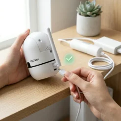 Ръце на потребител, които включват Micro USB кабел в компактна вътрешна DIY камера FipTec на дървена етажерка. Бързо и лесно инсталиране за надеждна защита и постоянно спокойствие във вашия дом.