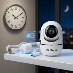 Бяла смарт камера FipTec и мини UPS батерия на рафт през нощта, осигуряващи непрекъсната охрана. Резервното захранване гарантира надеждна сигурност и пълно спокойствие дори при прекъсване на тока.