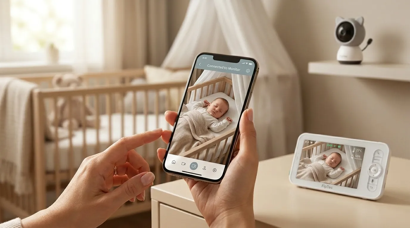 Майка държи смартфон с приложение на смарт бебефон FipTec, показващ спящо бебе, докато наблизо е родителският монитор. Видеокамерата във формата на коте гарантира вашата сигурност и спокойно родителство.