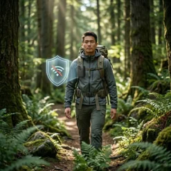 Мъж на поход в гората с FipTec 2K body камера LM08, записваща надеждно дори без Wi-Fi връзка. Осигурете си дискретна сигурност и пълно спокойствие сред природата с лесен контрол.