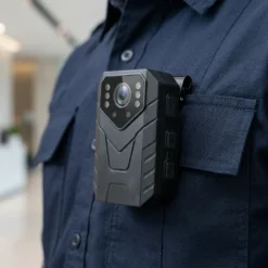 Преносима 2K body камера FipTec LM08, дискретно закрепена със щипка върху тъмносиня униформа. Модерно устройство за надеждна защита и спокойствие, осигуряващо лесен контрол и сигурност във всяка ситуация.