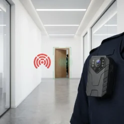 FipTec 2K Body камера LM08, закрепена на униформа, засича движение пред отворена врата в светъл офис коридор. Надеждно решение за дискретна сигурност и защита за вашето спокойствие.