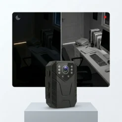 Сравнение на кадри от FipTec 4K body камера, показващи ясно нощно виждане в тъмна стая. Тази безжична камера осигурява надеждна защита и спокойствие чрез детайлно изображение дори при пълен мрак.