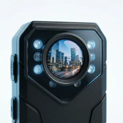 Близък план на обектива на FipTec 4K body камера, отразяващ нощен градски пейзаж, осигуряващ кристално качество за вашата лична сигурност и надеждна защита с лесен контрол.