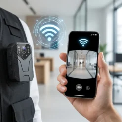 Човек носи body камера FipTec на жилетка, докато наблюдава видеото в реално време през смартфон приложение. Безжичната връзка гарантира дискретна сигурност и лесен контрол за вашата пълна защита.