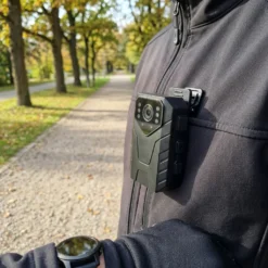 Компактна 4K body камера FipTec, закрепена със щипка върху яке по време на разходка на открито. Осигурете си надеждна защита и дискретна сигурност с лесен контрол за вашето спокойствие навсякъде.