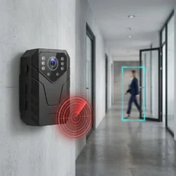 Безжична FipTec body камера, монтирана в модерен офис коридор, показваща радарно засичане на движение на човек за дискретна сигурност и надеждна защита.