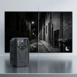 FipTec 2K боди камера LM08, представена пред екран със сравнение на нощни кадри. Вижте как мощното нощно виждане превръща тъмната уличка в ясна, черно-бяла картина, осигурявайки дискретна сигурност за вашето спокойствие.