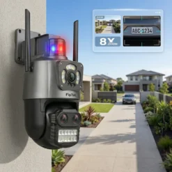 Външна WiFi камера FipTec LO33 Optic 8X, монтирана на фасада, демонстрираща детайлен осемкратен зуум на регистрационен номер за прецизна защита на дома и дискретна сигурност с лесен контрол.