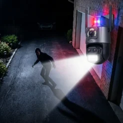 Външна WiFi камера FipTec LO33 Optic 8X засича движение и осветява алея пред гараж с мощен прожектор, осигурявайки активна защита и пълно спокойствие за вашето имущество чрез надеждна охрана.