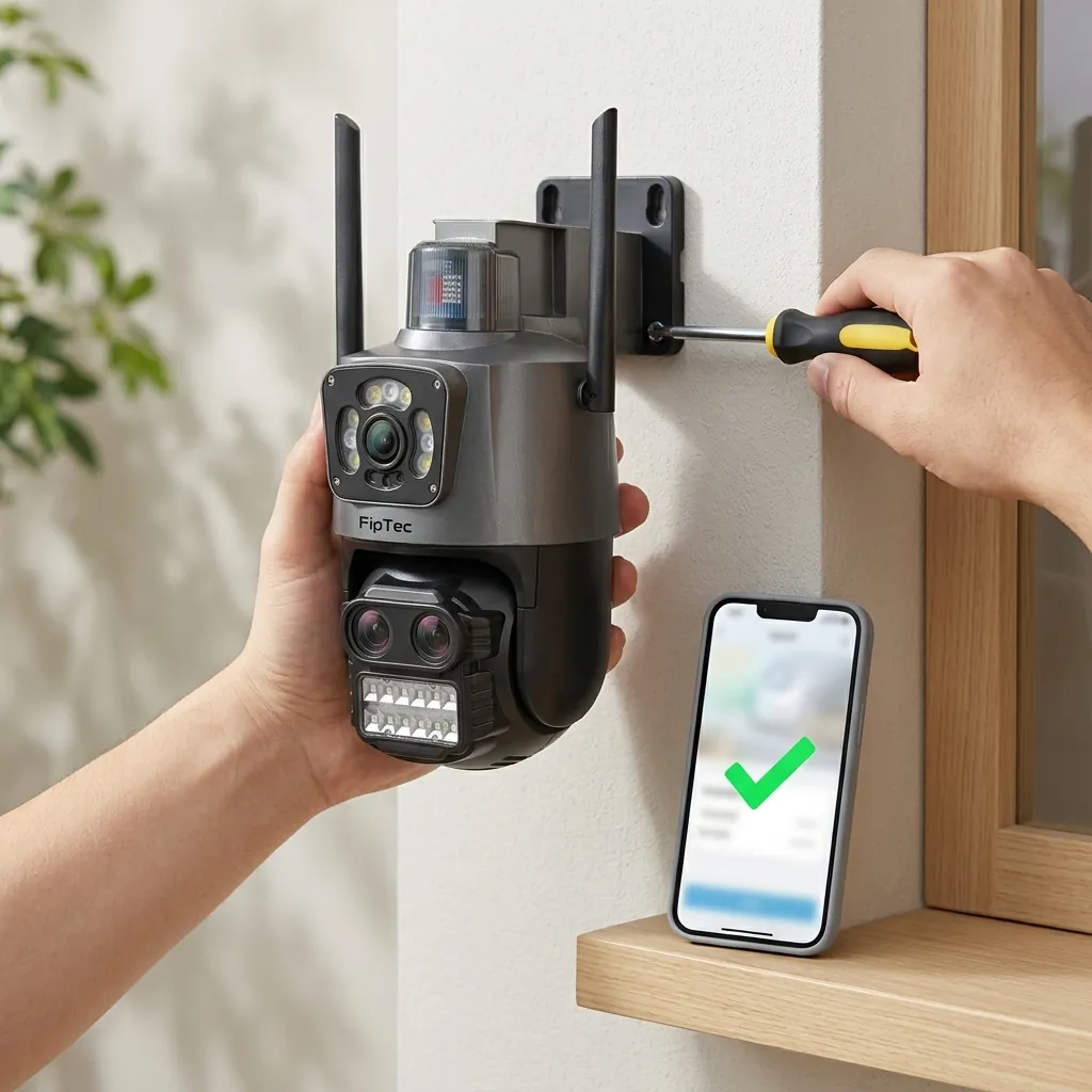Ръце монтират камера FipTec LO33 Optic 8X на бяла стена с отвертка и телефон, показващ лесна инсталация за надеждна защита на дома и пълно спокойствие.