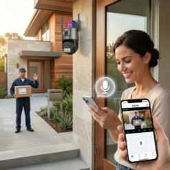 Жена използва мобилното приложение на FipTec, за да говори с куриер чрез двупосочното аудио на камерата LO33 Optic 8X, осигурявайки сигурен и лесен контрол над дома.