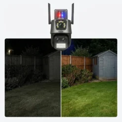 Сравнение между стандартно и цветно нощно виждане в заден двор чрез WiFi камера FipTec LO33 Optic 8X, осигуряваща отлична детайлност, сигурност и пълно спокойствие за вашия имот.