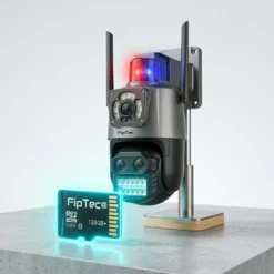 WiFi камера FipTec LO33 Optic 8X с приложена 128GB MicroSD карта за запис, осигуряваща надеждна защита на дома и дълготрайно съхранение на данни за вашето пълно спокойствие.