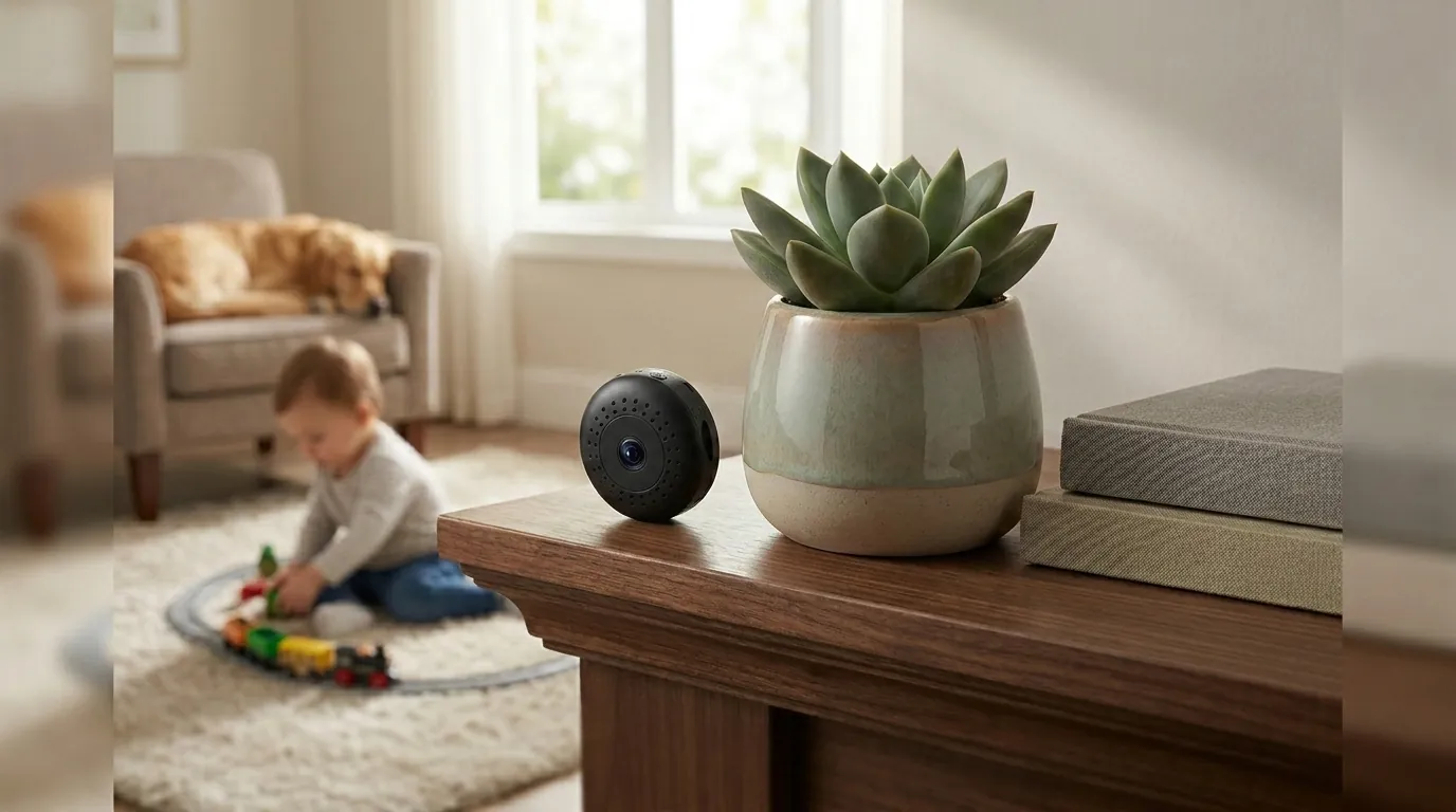 Компактна мини камера FipTec на дървена повърхност до зелено растение, дискретно наблюдаваща всекидневна с играещо дете за максимална защита на семейството, спокойствие и лесен контрол през телефона.
